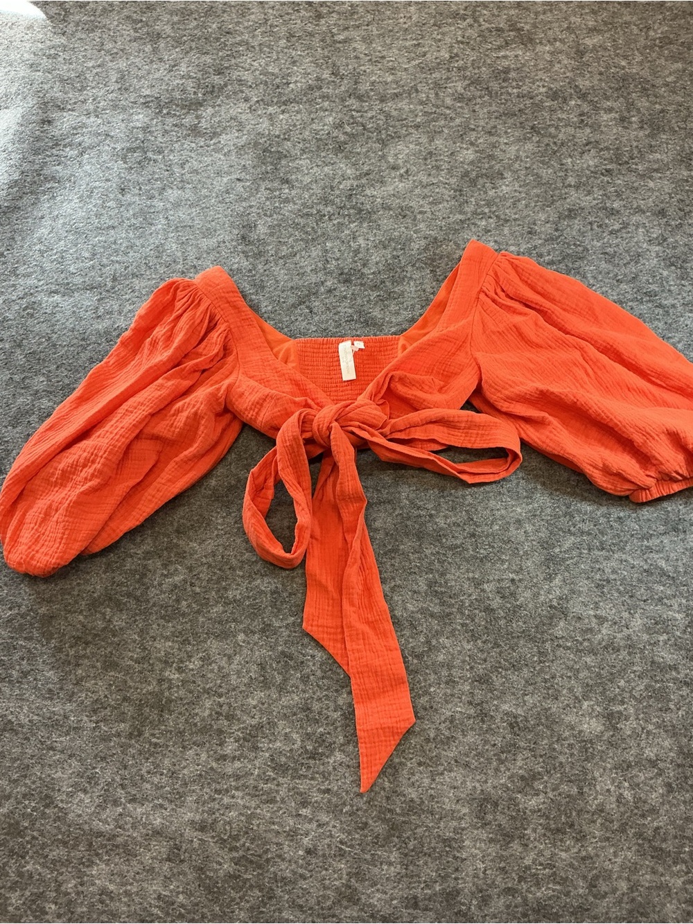Jonathan Simkhai Muslin Cotton Tie-Front Puff Sleeve Crop Top - Orange Size XS